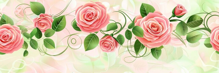 Elegant pink roses with green leaves on a light pastel floral background