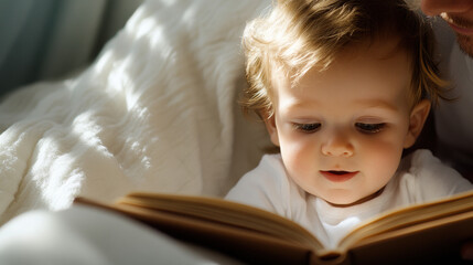 Improved Understanding, A parent reading a bedtime story to their child, captured in high fidelity, showcasing a warm and cozy family moment.