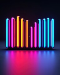 Obraz premium A vibrant display of neon light bars arranged in a wave pattern, illuminating a dark background with colorful hues.
