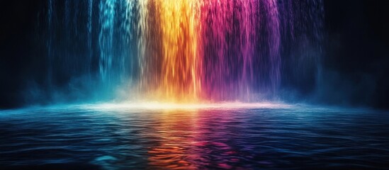 Mesmerizing Colorful Waterfall with Enchanting Reflections and Mystical Atmosphere  Captivating digital art landscape with a cascading flow of water in vibrant rainbow hues