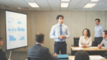 Fototapeta premium Blurred background of a focused individual leading a creative workshop, explaining innovative strategies to a team, 8K resolution