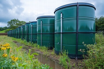 Fototapeta premium Rainwater collection tanks lined up on a farm for sustainable water resource management