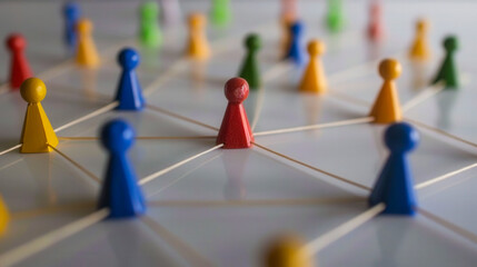  Close-up of colorful figurines linked by strings, representing social networks, teamwork, and collaboration in a connected system..