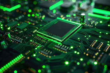 Close-up view of circuit board with glowing green electronic components