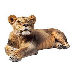 Fototapeta premium Majestic Lion Sunbathing on Pristine White Background