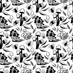 Seamless vector forest pattern with mushrooms, plants, insects, berries. Background mushrooms and insects. Black and white hand drawn image.