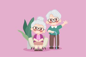 Cute cartoon characters of elderly grandparents sitting at sofa. Premium illustration vector.cartoon animation design.