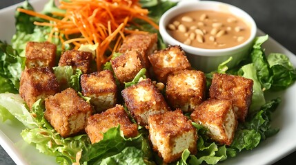 Fototapeta premium A plate of fried tofu with a side of salad and a dipping sauce