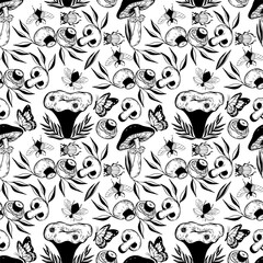 Seamless vector forest pattern with mushrooms, plants, insects, berries. Background mushrooms and insects. Black and white hand drawn image.