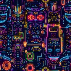 Vibrant neon tribal masks and totems create seamless pattern with mystical symbols. Abstract geometric faces in psychedelic colors perfect for modern fabric design and digital backgrounds.