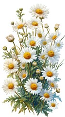 Fototapeta premium Beautiful botanical illustration of blooming chamomile or daisy flowers with white petals and yellow centers, perfect for natural medicine packaging, herbal tea design or wellness products.