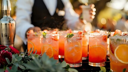 Refreshing citrus cocktails with fresh garnish served at luxury event, perfect for restaurant menu, bar promotion or catering advertisement background.