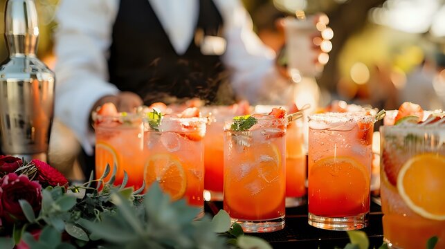 Refreshing citrus cocktails with fresh garnish served at luxury event, perfect for restaurant menu, bar promotion or catering advertisement background.