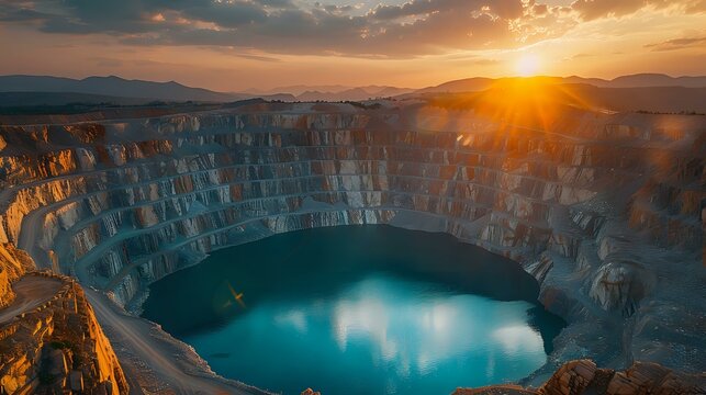 Dramatic aerial view of an open pit mine filled with turquoise water during golden sunset, industrial landscape transformed into surreal scenery perfect for environmental or mining concepts.