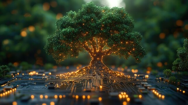 A visually striking digital artwork depicting lush green trees rising from a futuristic circuit board.