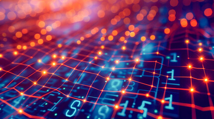 Fototapeta premium A vibrant abstract grid featuring glowing orange nodes and digital data in blue and orange tones, symbolizing connectivity and technology..