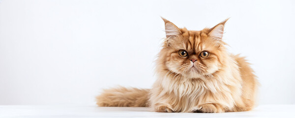 Persian cat lounging on a table with light background