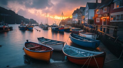 A vibrant sunset envelops a picturesque harbor. Colorful boats reflect the golden light on calm waters. This serene scene invites contemplation. Generative AI