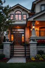 Luxury Home Exterior at Night: Brick House with Modern Design and Landscaping