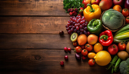 fresh fruits and vegetables on rustic wooden surface creating vibrant display