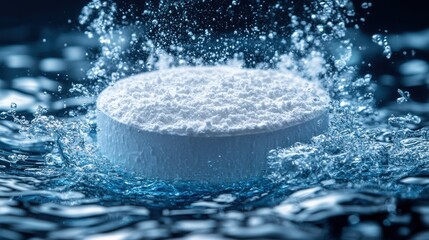 Tablet dissolving in water creating bubbles and splashes in blue
