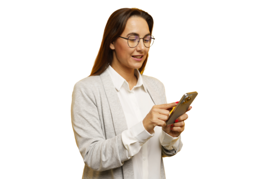 Woman using smartphone with smile, engaged in communication or social media at home