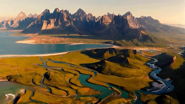 Ancient Europe&rsquo;s Diverse Landscape, 3500 BCE Panoramic Aerial View of Shorelines, River Valleys, and Towering Mountains in Golden-Hour Light