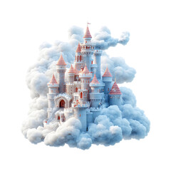 Fluffy 3D Cartoon Castle with Soft Clouds Isolated on Transparent Background