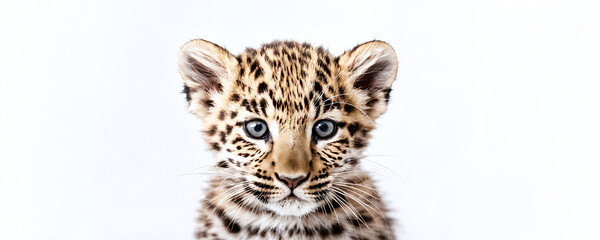 Naklejka premium Cute snow leopard cub with striking blue eyes poses on a white background for an adorable portrait