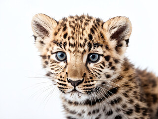 Fototapeta premium Young leopard cub with striking blue eyes poses against a light background