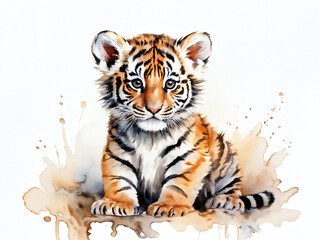 Portrait of a young tiger cub sitting on a soft surface with a beautiful watercolor splash backdrop