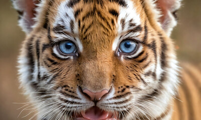 Fototapeta premium Young tiger cub with striking blue eyes sitting outdoors in natural habitat