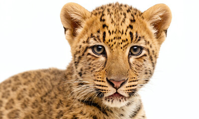 Obraz premium Young leopard cub gazes curiously with striking eyes and distinctive spots in a studio setting