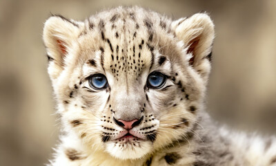 Obraz premium Snow leopard cub gazes curiously with striking blue eyes in natural habitat during daylight