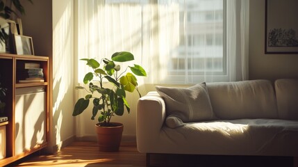Bright Sunlight Filters Into a Cozy Living Room, Illuminating the Sofa and Indoor Plant, Creating a Warm Atmosphere in a Quiet Urban Apartment