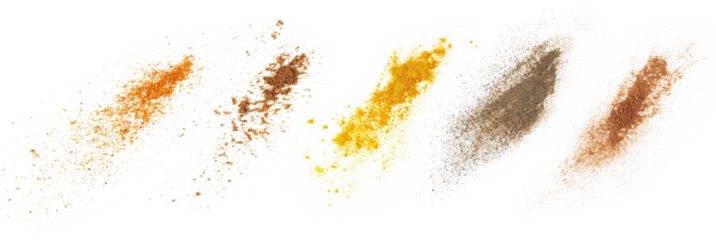 Set colorful spice flying, Mexican taco seasoning, garam masala, turmeric powder, ground black pepper and cinnamon isolated on white, clipping