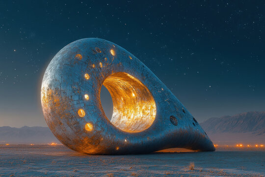 a futuristic architectural structure resembling a giant, curved toroid with holes.  