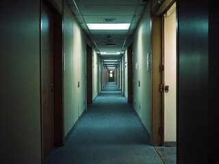 Long corridor with closed doors and minimal lighting in a modern building during the day