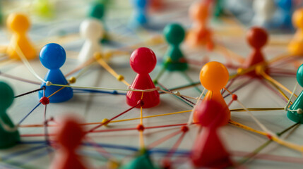  Close-up of colorful game pieces connected by strings, symbolizing networking, teamwork, and relationships in a playful setting..
