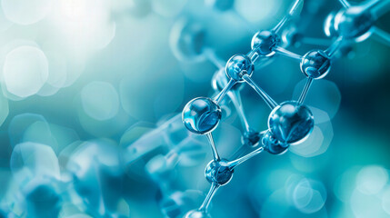  Close-up of a molecular structure with connected spheres and bonds, representing science, chemistry, and innovation in a blue setting..