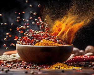 Mid-Air Burst of Colorful Spices Falling into a Bowl &ndash; Generative AI