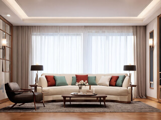 Fototapeta premium Modern living room with natural light and elegant decor featuring a comfortable sofa and stylish lamps