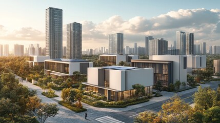 Obraz premium Modern Architecture Showcases Serene Landscape and Urban Skyline During Sunset in a Vibrant City Development