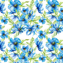 Abstract floral pattern with seamless design. Watercolor illustration with blue flowers and green leaves.