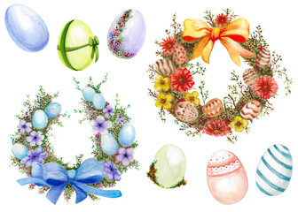 Set of elements for Happy Easter greeting card. Wreaths with flowers and Easter eggs. Realistic vintage botanical illustration. Watercolor.