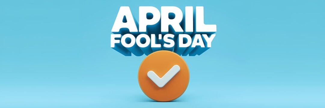 A creative minimalist 3D render of an April Fool's Day poster. There is a large white text that says "April Fool's Day". Below the text, there is a large orange circle with a white check mark inside