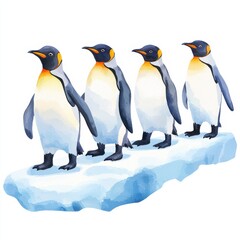 Fototapeta premium Watercolor penguins marching on ice arctic landscape digital art vibrant environment playful concept, isolated on white background