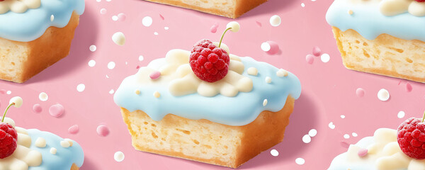 Delicious raspberry-topped cake squares with blue frosting and colorful sprinkles set against a pink background