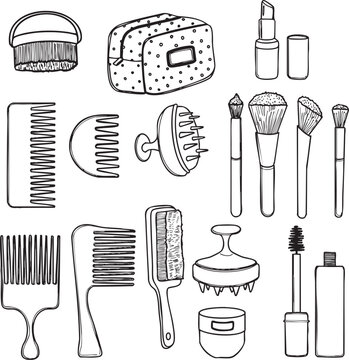 Ensemble brosse pinceau beaut&eacute; maquillage trousse salle de bain vecteur trait noir