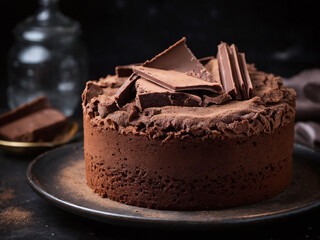 Obraz premium Decadent chocolate cake adorned with dark chocolate shavings on rustic wooden table